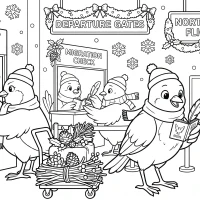 Christmas airport scene with birds and festive decorations