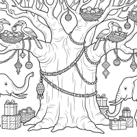 African savanna baobab with elephants and hornbills