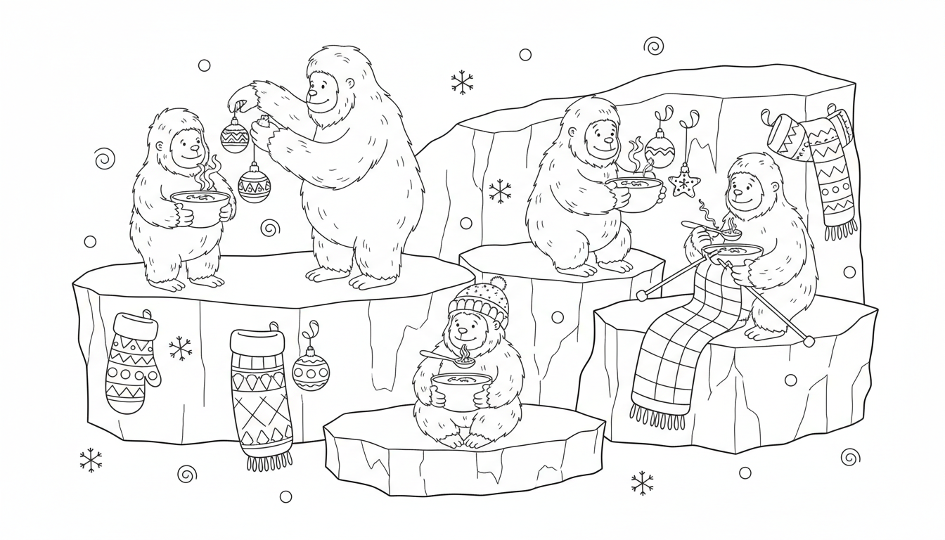 friendly yeti family holiday scene coloring page to print