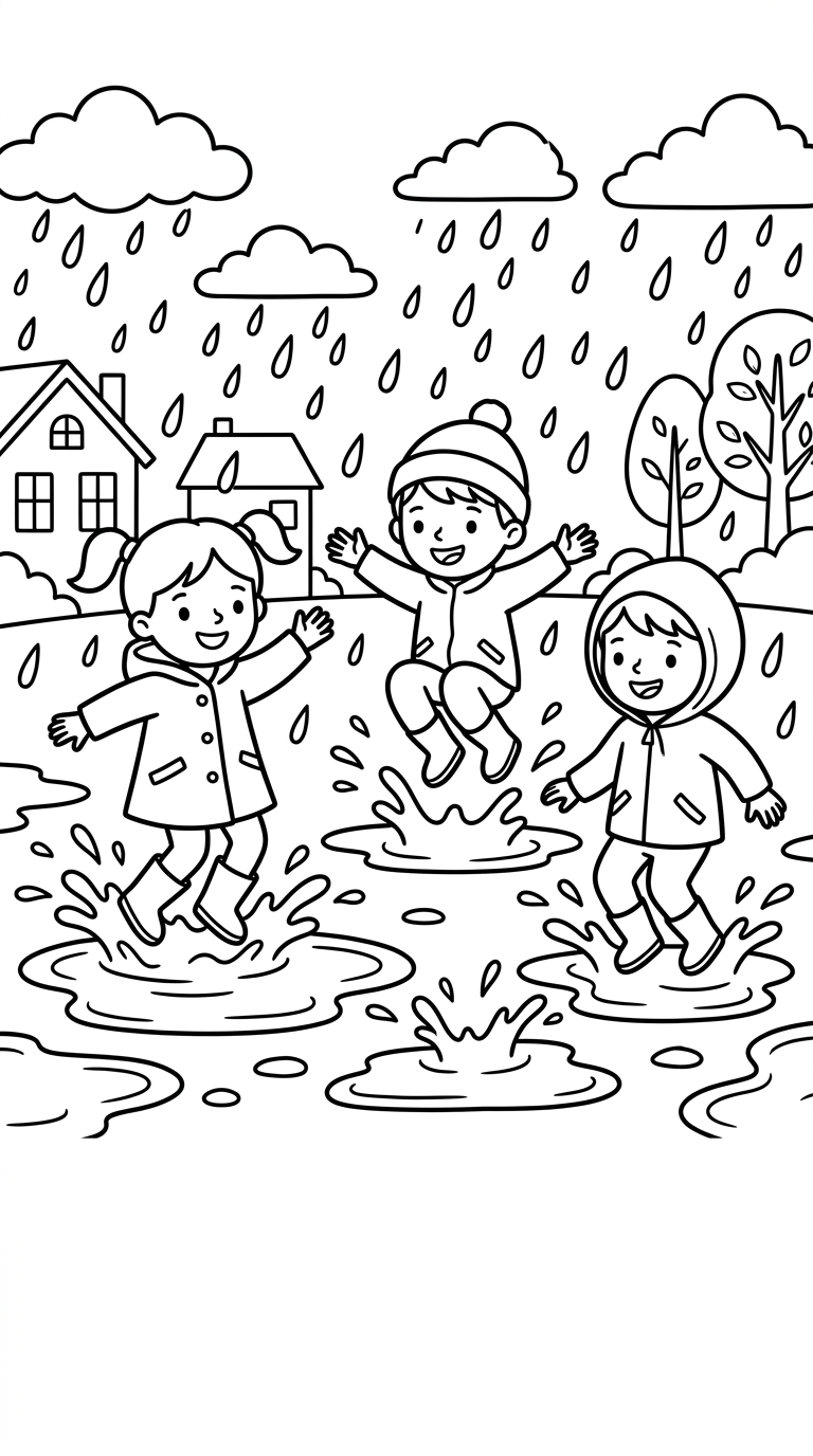 kids jumping in puddles on a rainy day coloring page to print