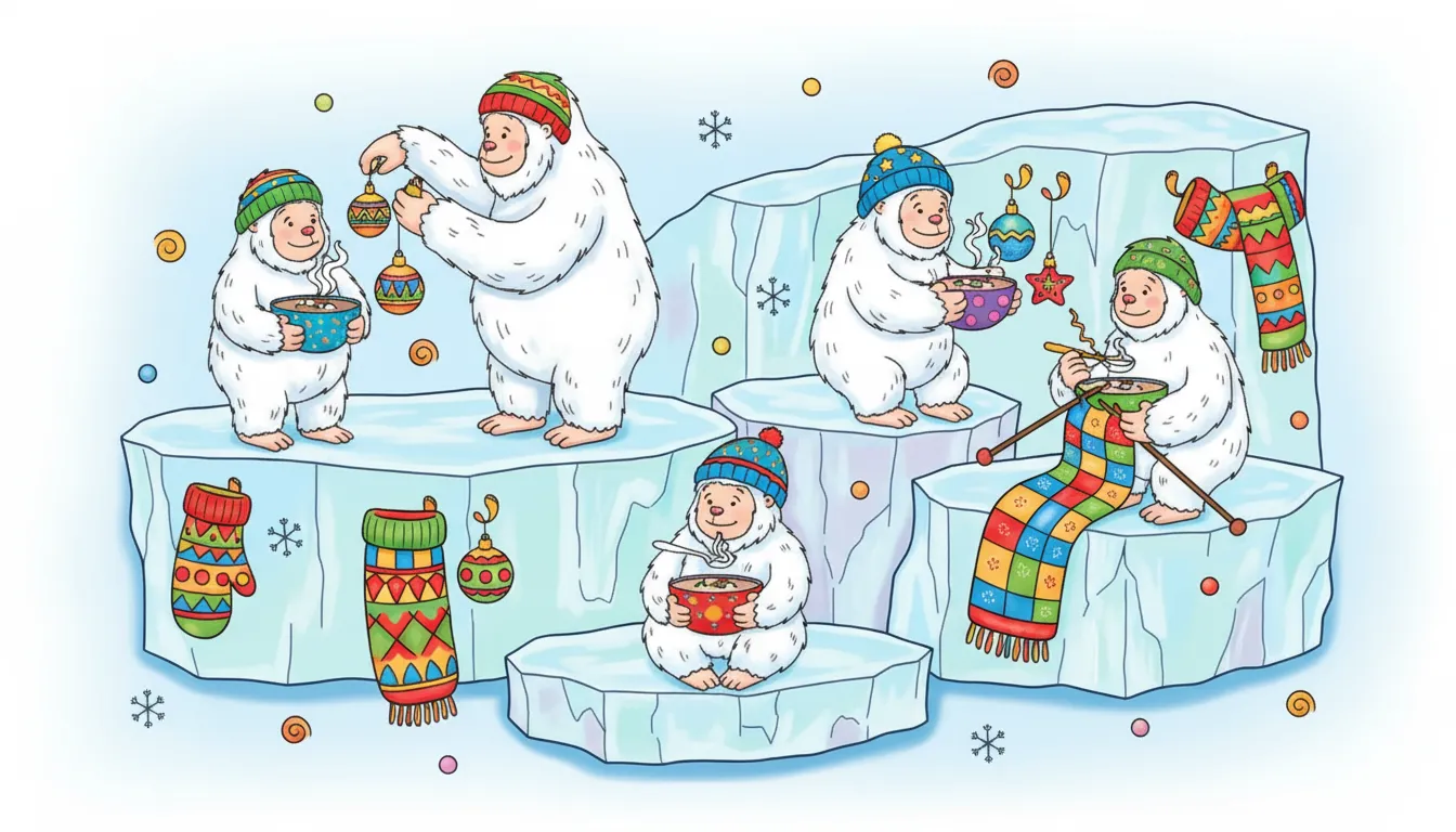 friendly yeti family holiday scene coloring page to print