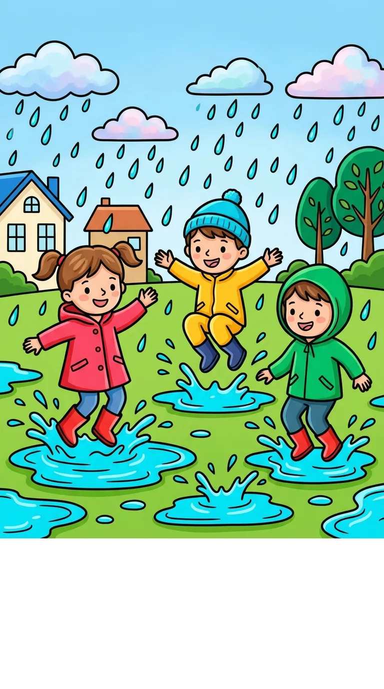 kids jumping in puddles on a rainy day coloring page to print