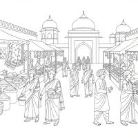 Indian bazaar scene with textiles and spices