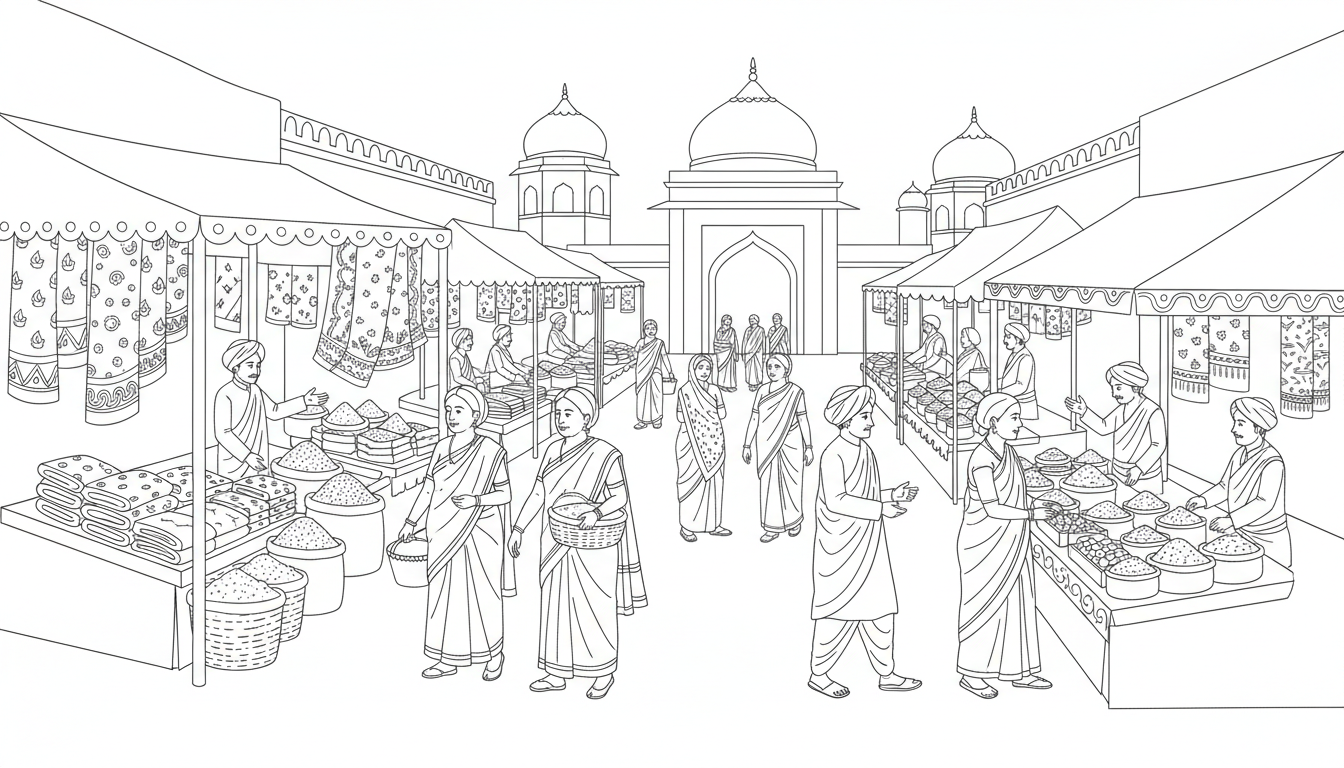 Indian bazaar scene with textiles and spices coloring page to print
