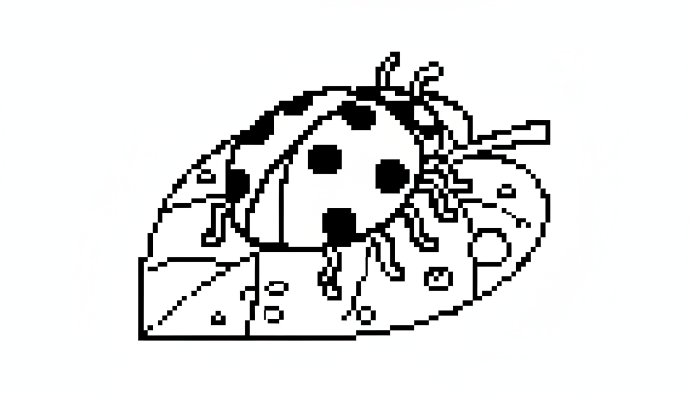 A ladybug crawling on a large leaf with tiny water droplets on its surface. coloring page to print