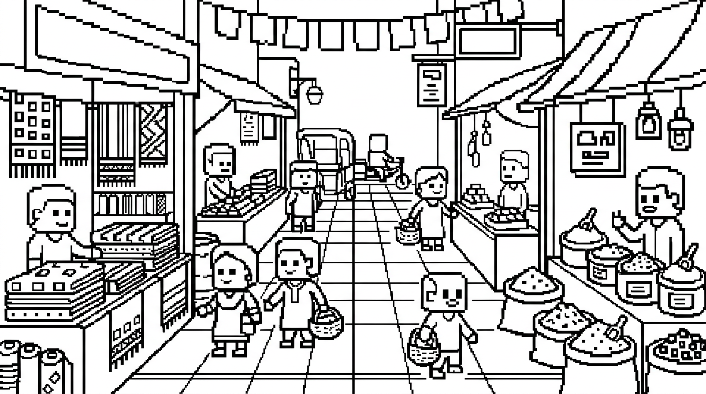 A bustling market scene in an Indian bazaar with colorful textiles and spices. coloring page to print