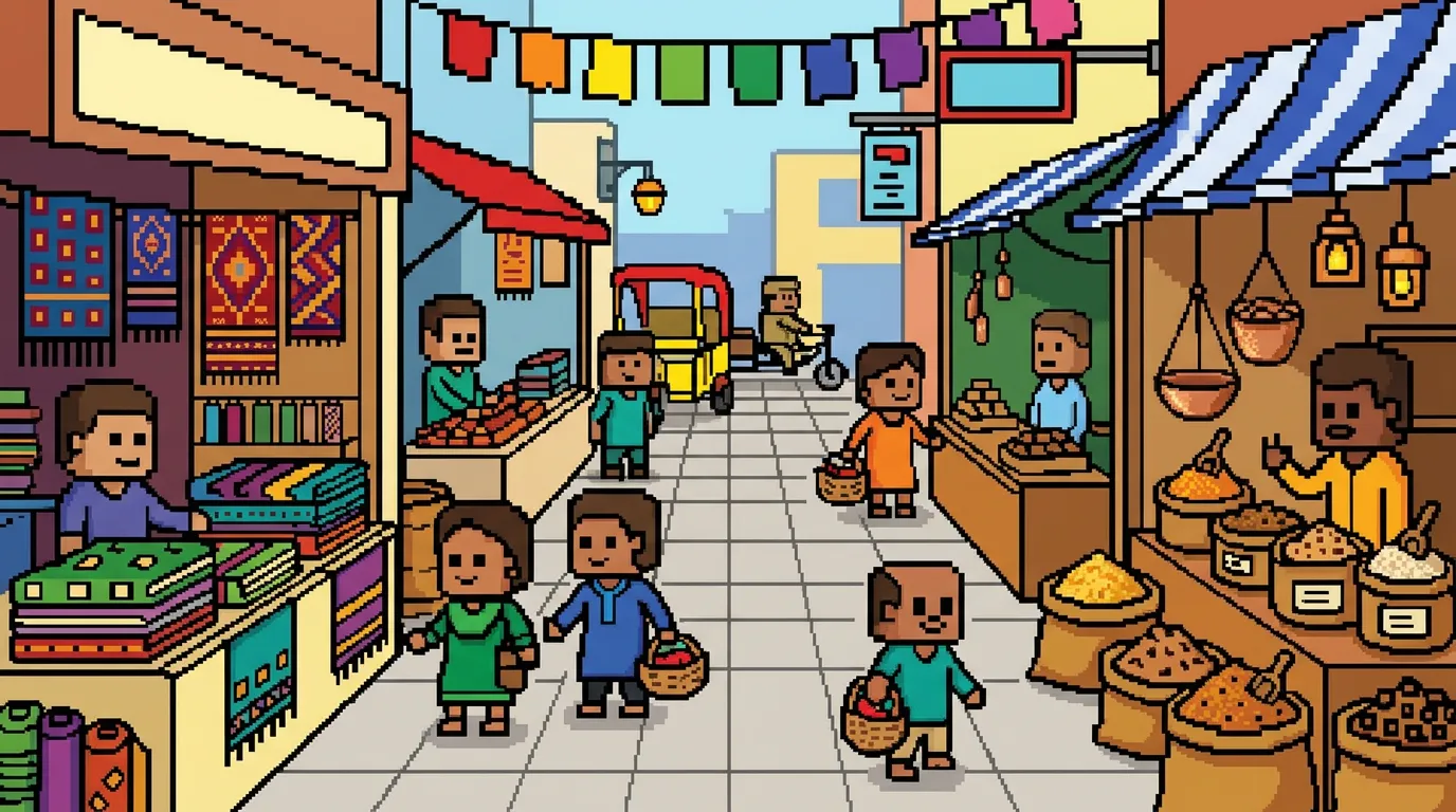 A bustling market scene in an Indian bazaar with colorful textiles and spices. coloring page to print