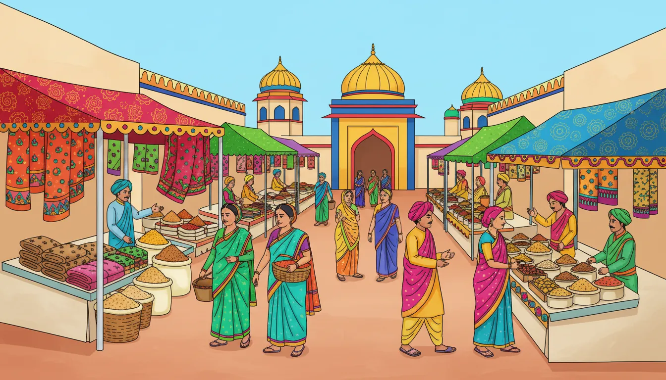 Indian bazaar scene with textiles and spices coloring page to print