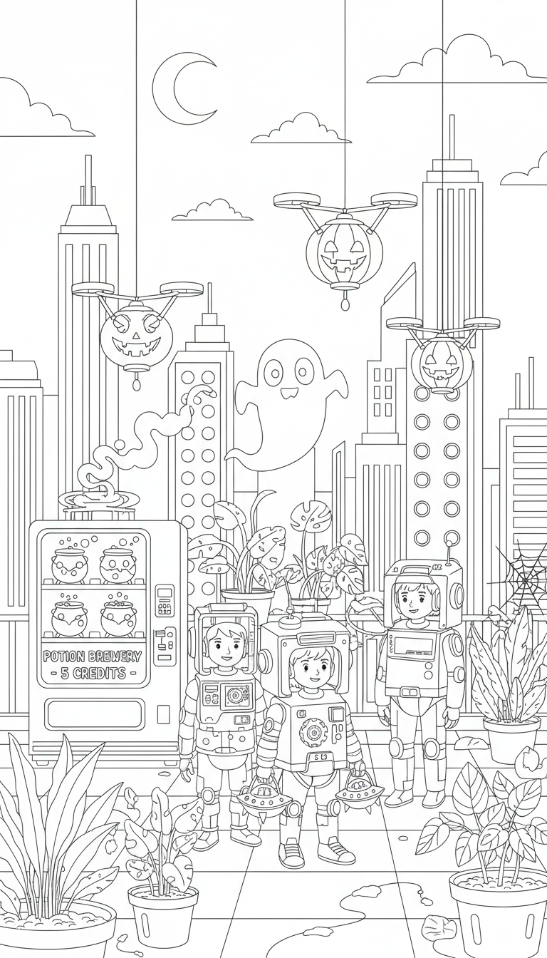 Future city rooftop garden on Halloween coloring page to print