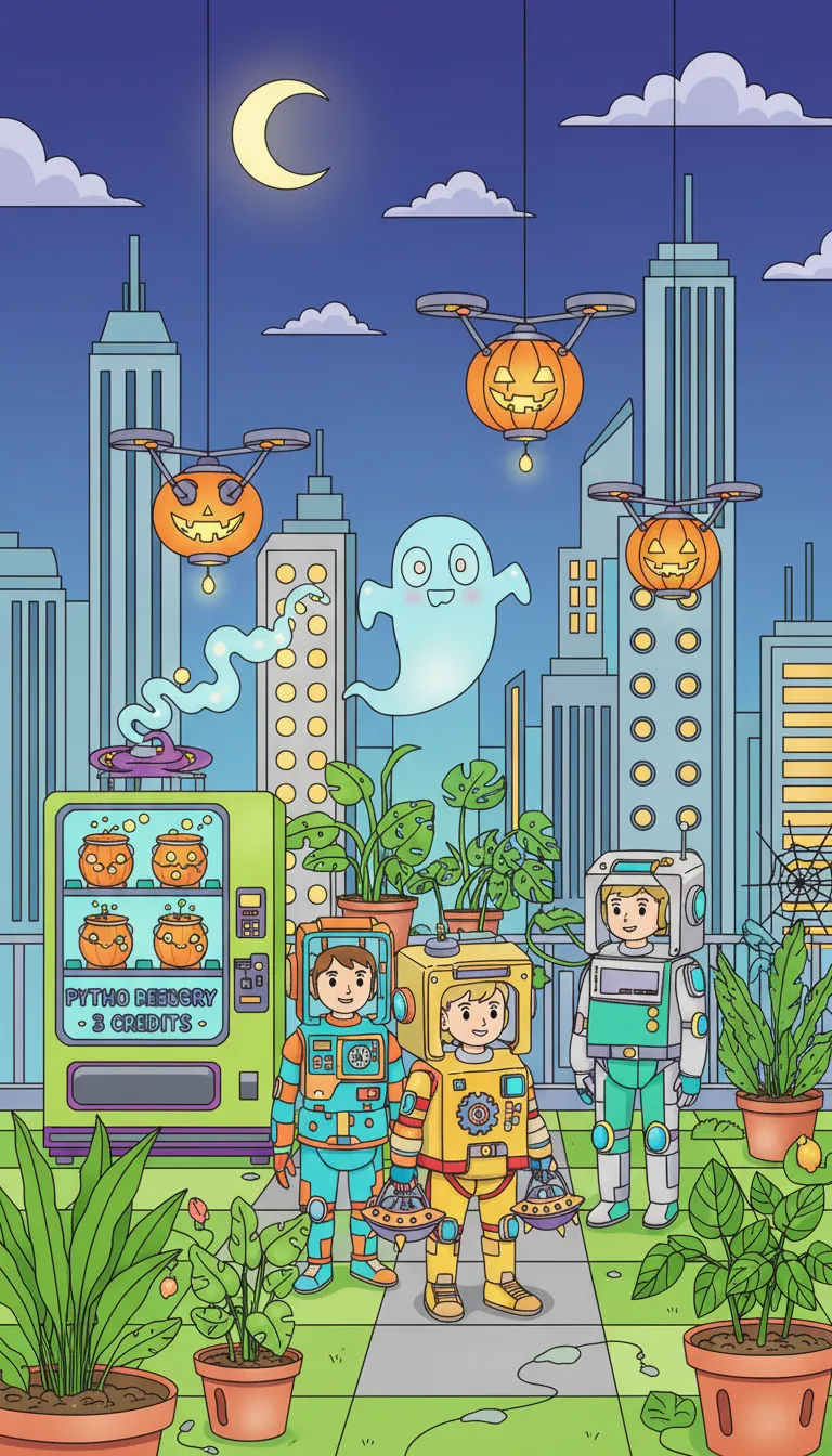 Future city rooftop garden on Halloween coloring page to print