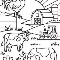 A farm scene with a rooster crowing at sunrise, and cows wandering in the field.