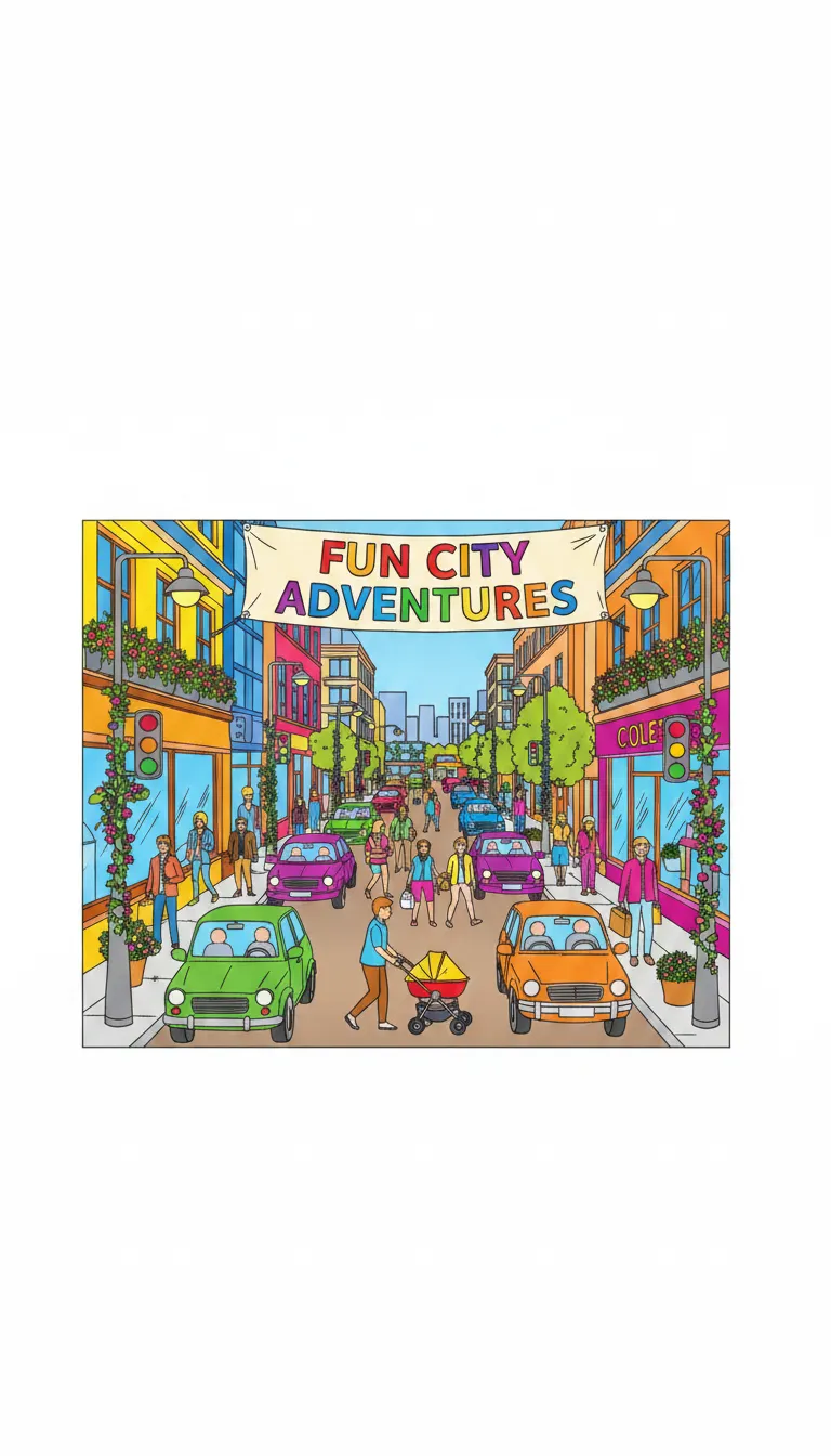 A detailed scene of a busy city street with cars, buses, and pedestrians. coloring page to print