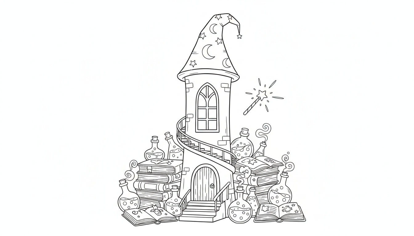 magical scene with wizard tower and potions coloring page to print