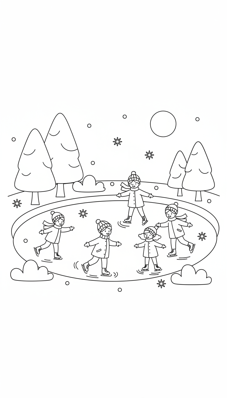 cozy winter scene with kids ice skating coloring page to print