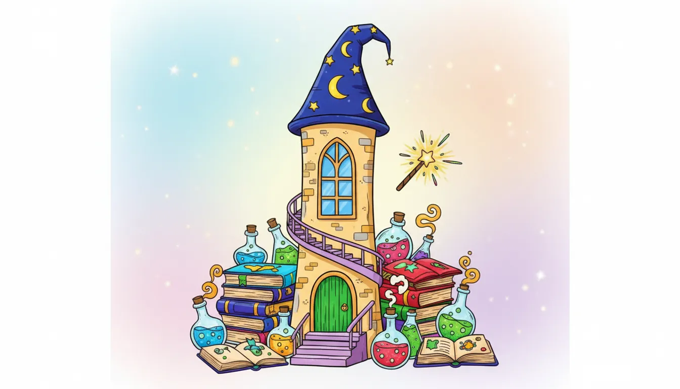 magical scene with wizard tower and potions coloring page to print