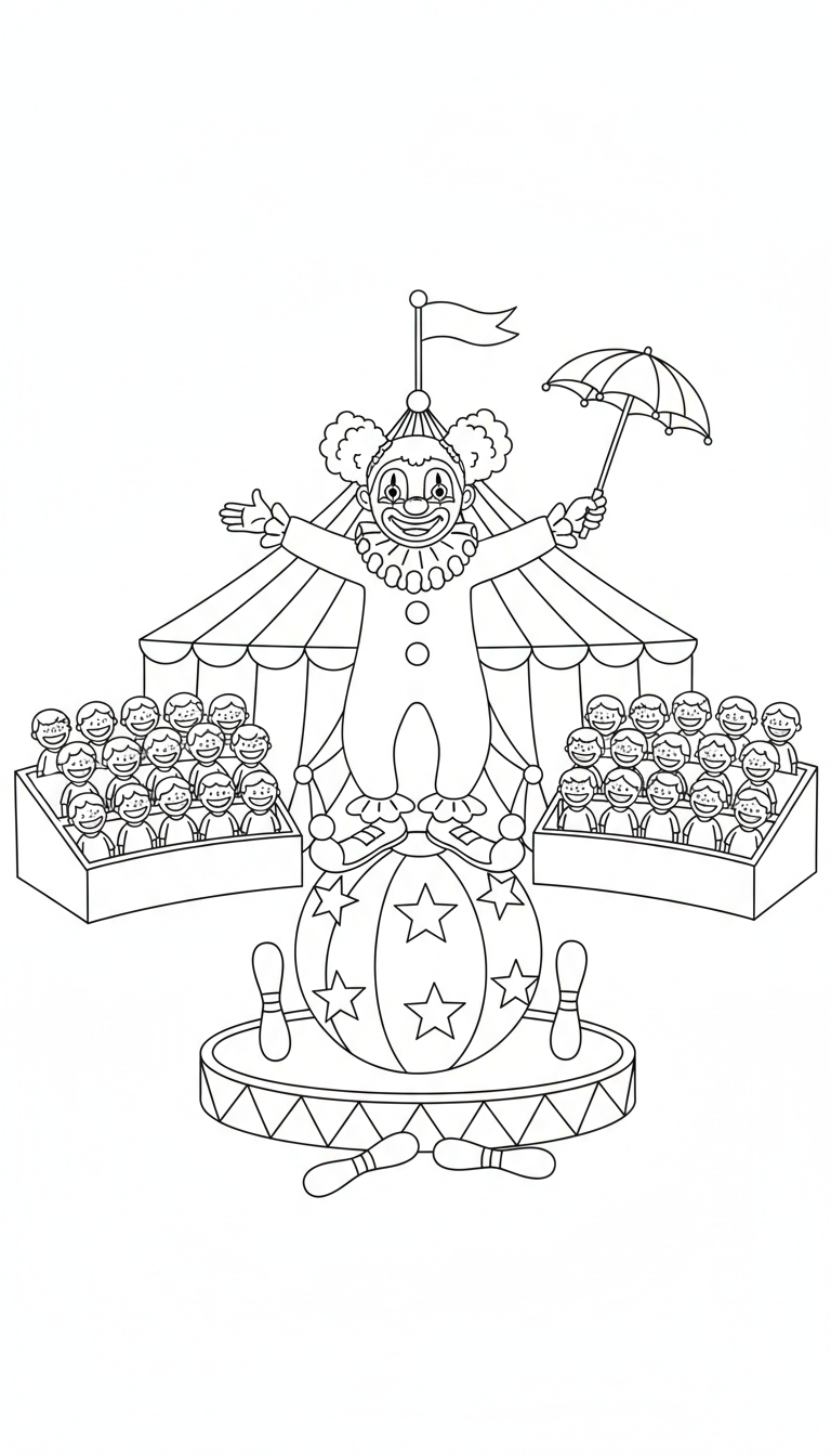 A lively scene of a circus performer balancing on a ball. coloring page to print