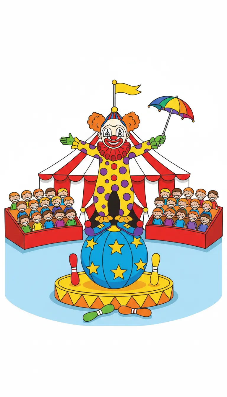 A lively scene of a circus performer balancing on a ball. coloring page to print