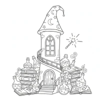 magical scene with wizard tower and potions