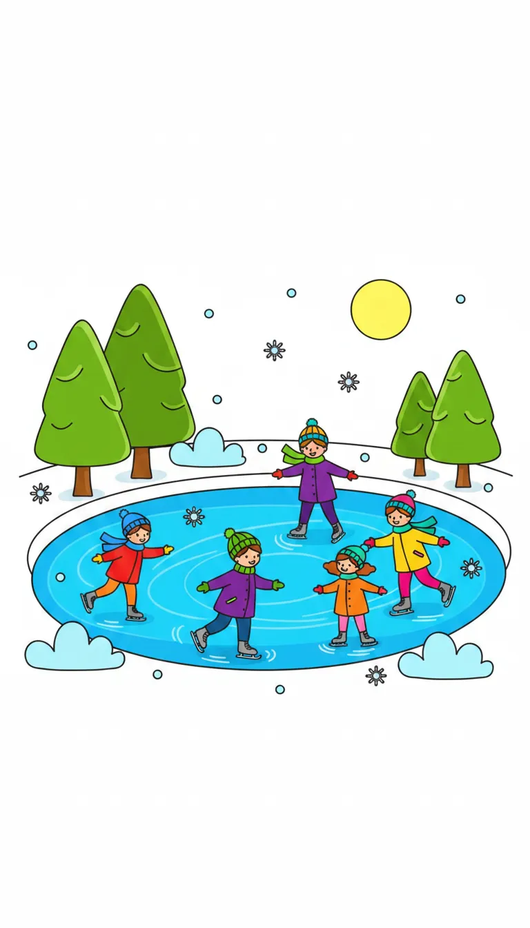 cozy winter scene with kids ice skating coloring page to print
