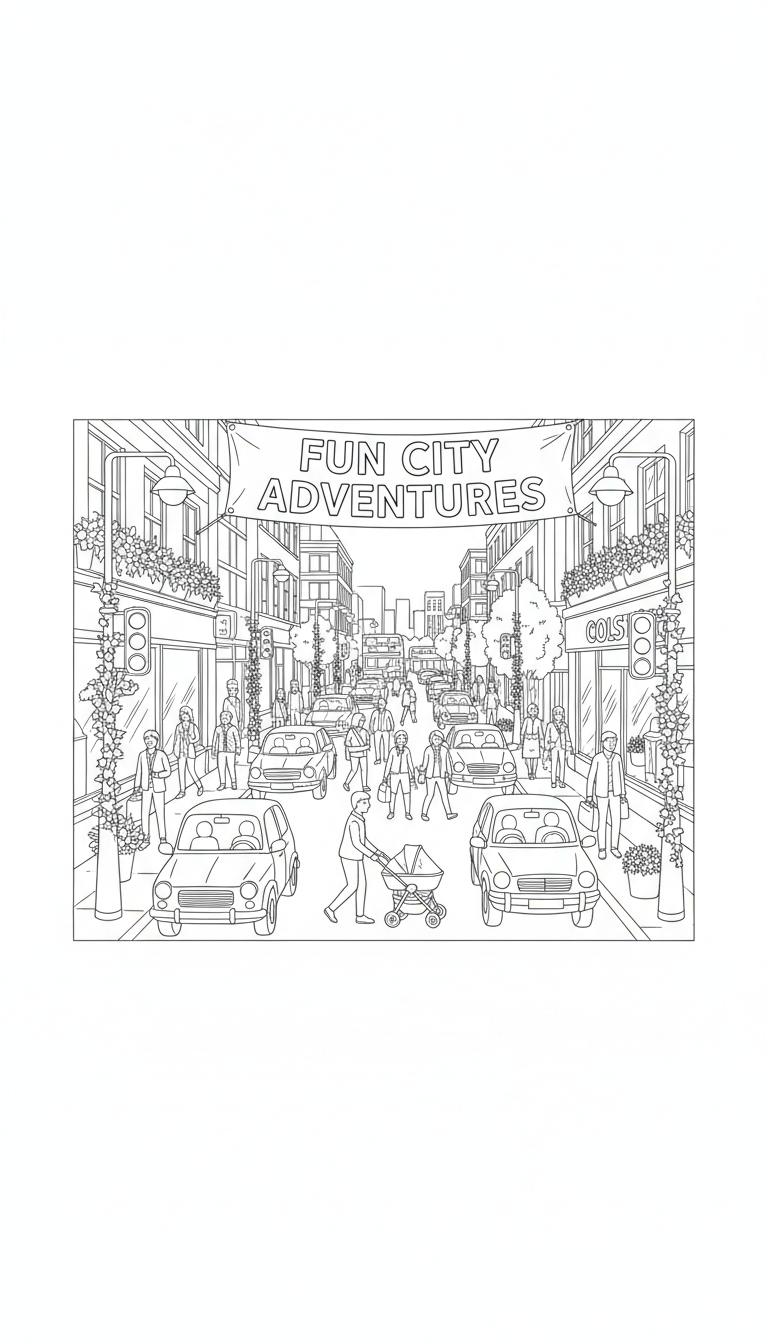 A detailed scene of a busy city street with cars, buses, and pedestrians. coloring page to print
