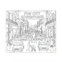 A detailed scene of a busy city street with cars, buses, and pedestrians.