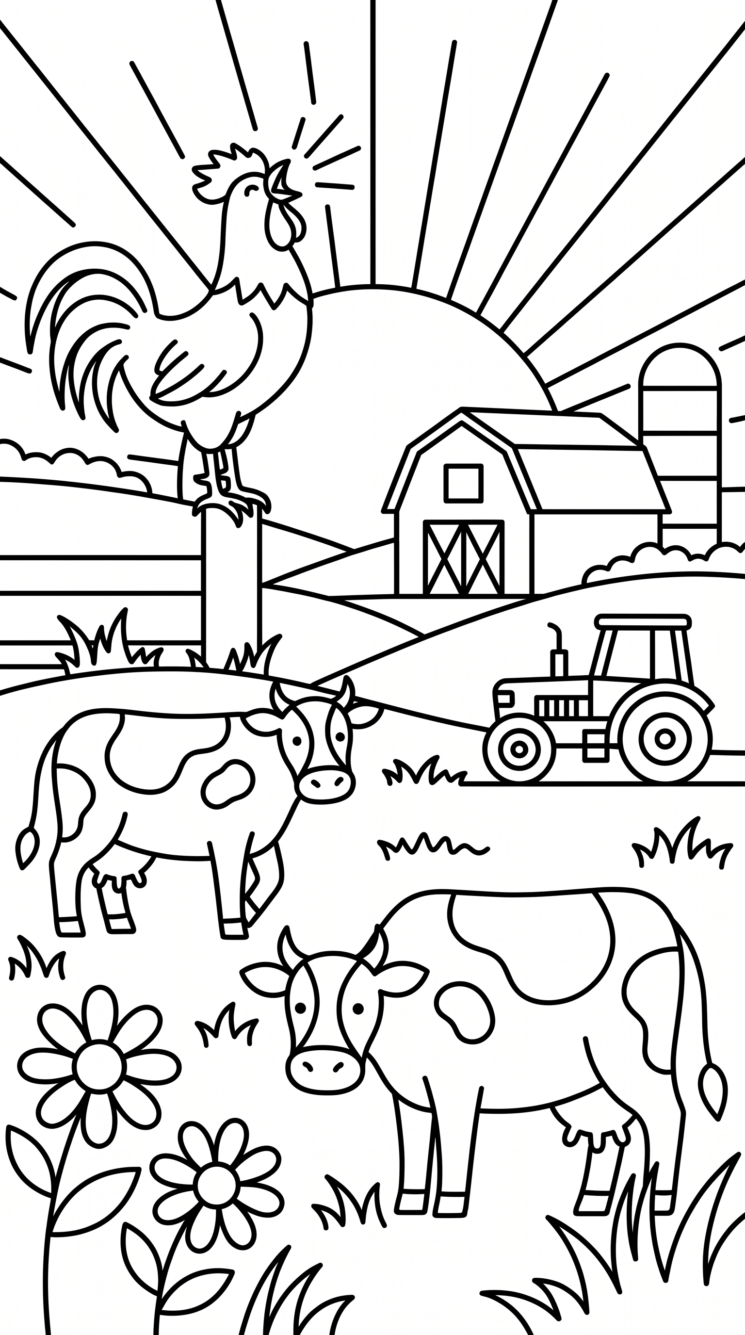 A farm scene with a rooster crowing at sunrise, and cows wandering in the field. coloring page to print