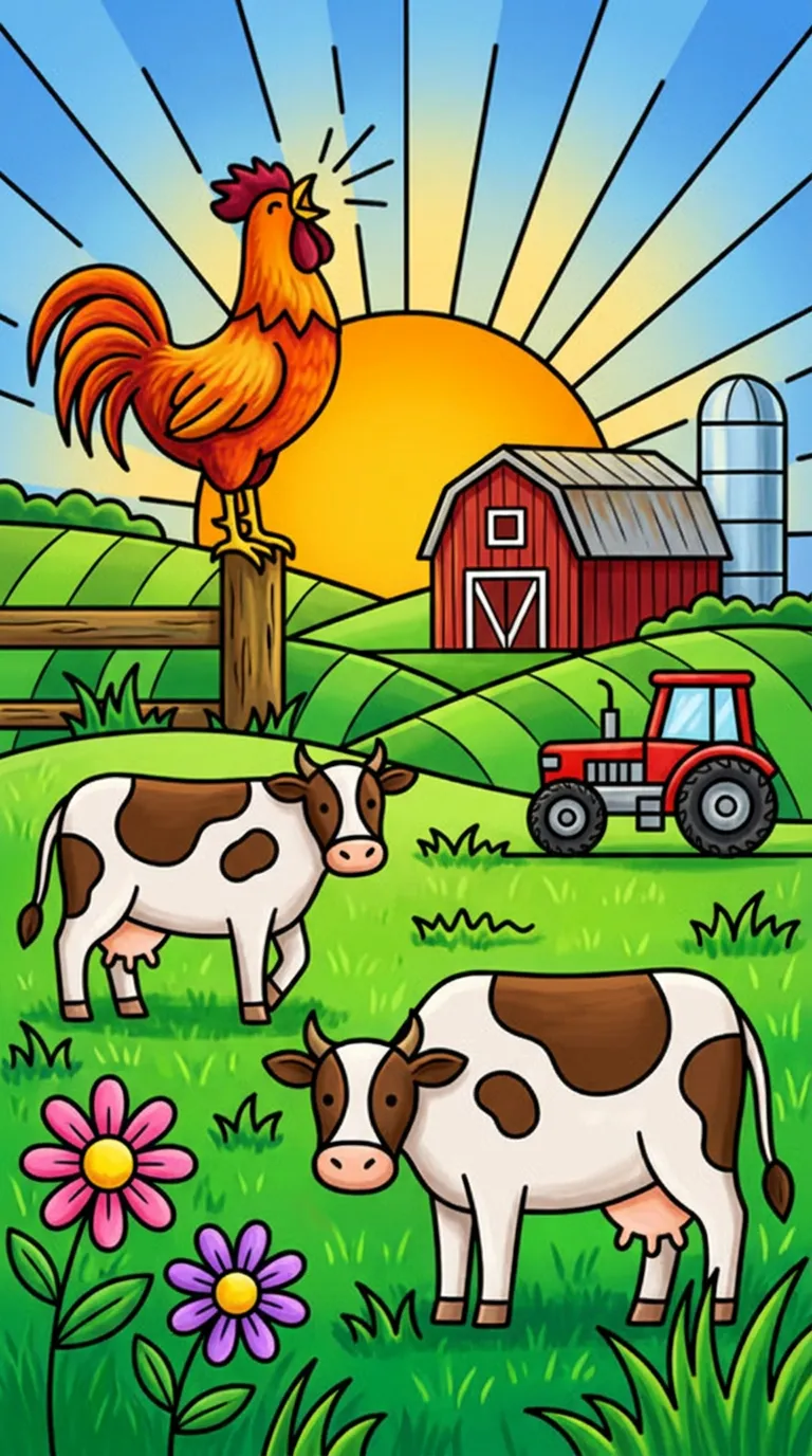 A farm scene with a rooster crowing at sunrise, and cows wandering in the field. coloring page to print