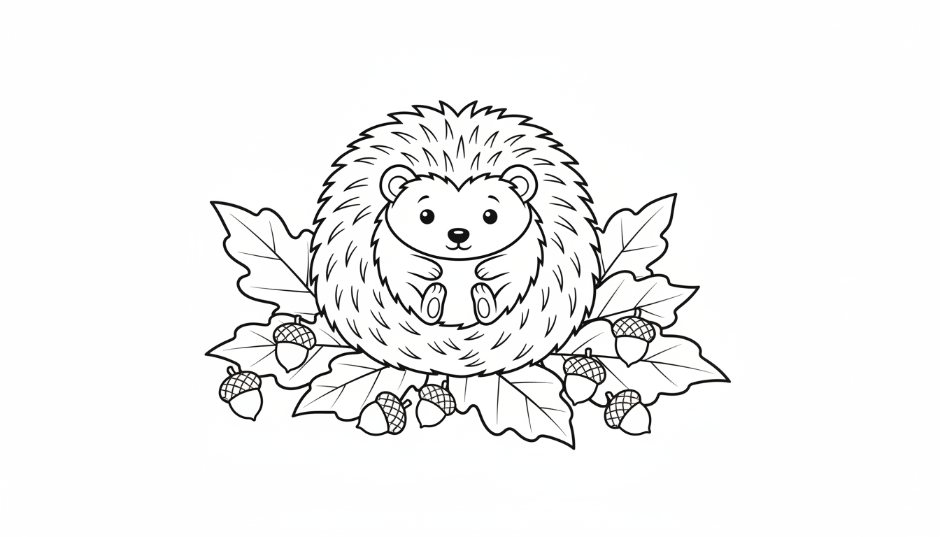 Cute hedgehog with leaves and acorns coloring page to print