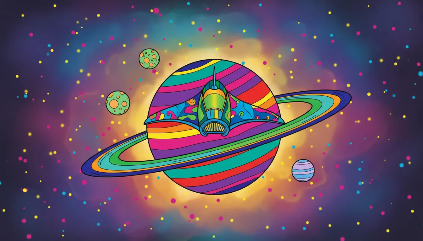 A sleek spaceship floating above a planet with rings and moons in the background. coloring page to print