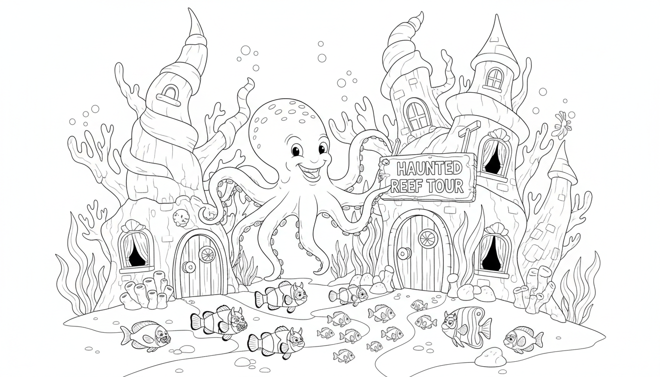 haunted coral reef house tour with grinning octopus coloring page to print