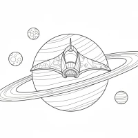 A sleek spaceship floating above a planet with rings and moons in the background.