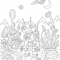 A futuristic robot exploring a distant planet with strange plants.