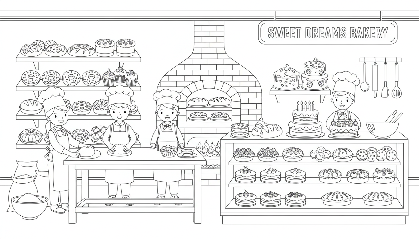 Busy bakery scene with bakers and baked goods coloring page to print