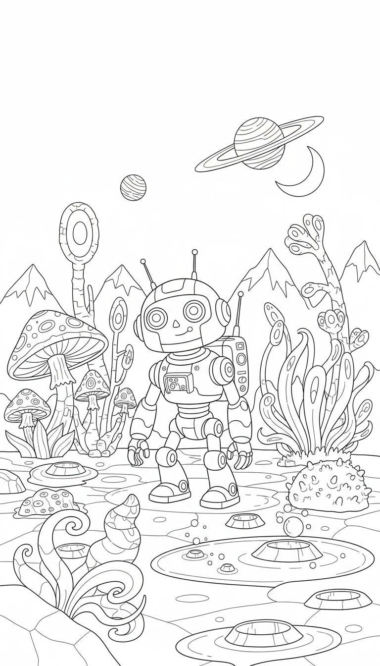 A futuristic robot exploring a distant planet with strange plants. coloring page to print