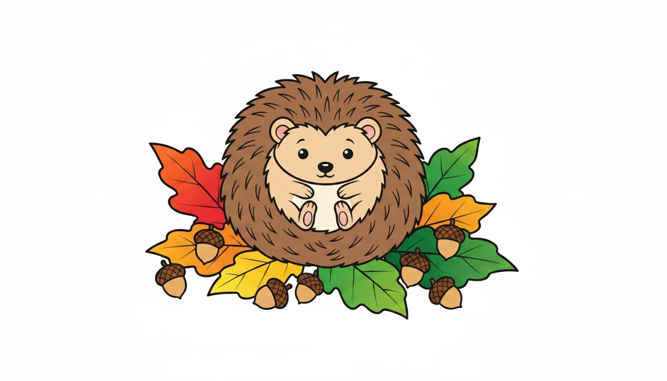 Cute hedgehog with leaves and acorns coloring page to print