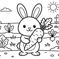 A cute bunny holding a big carrot in a vegetable garden.