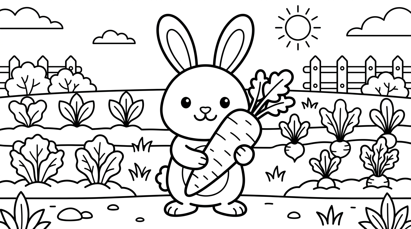 A cute bunny holding a big carrot in a vegetable garden. coloring page to print