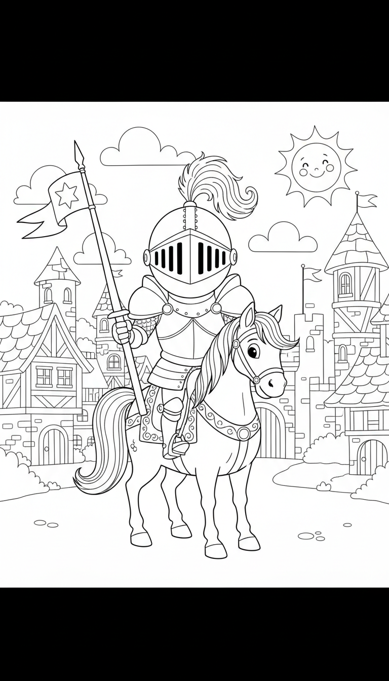 Knight in shining armor on noble horse coloring page to print