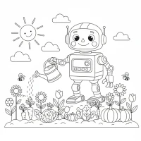 Friendly robot watering garden of flowers and vegetables