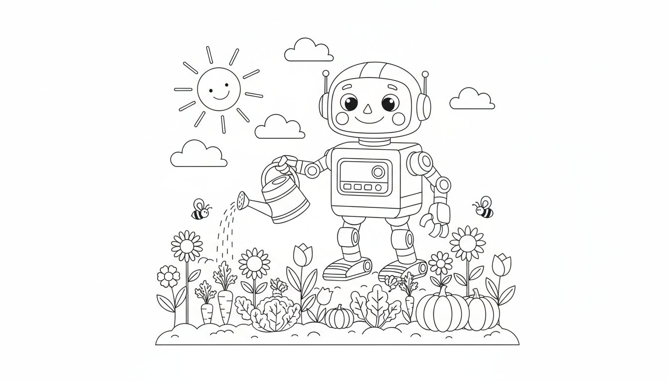 Friendly robot watering garden of flowers and vegetables coloring page to print