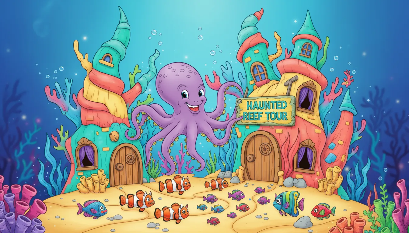haunted coral reef house tour with grinning octopus coloring page to print