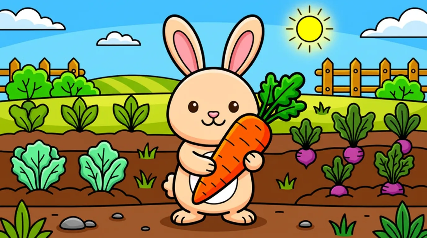 A cute bunny holding a big carrot in a vegetable garden. coloring page to print