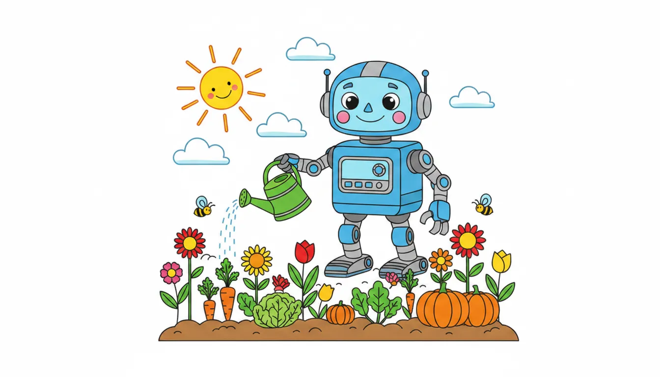 Friendly robot watering garden of flowers and vegetables coloring page to print
