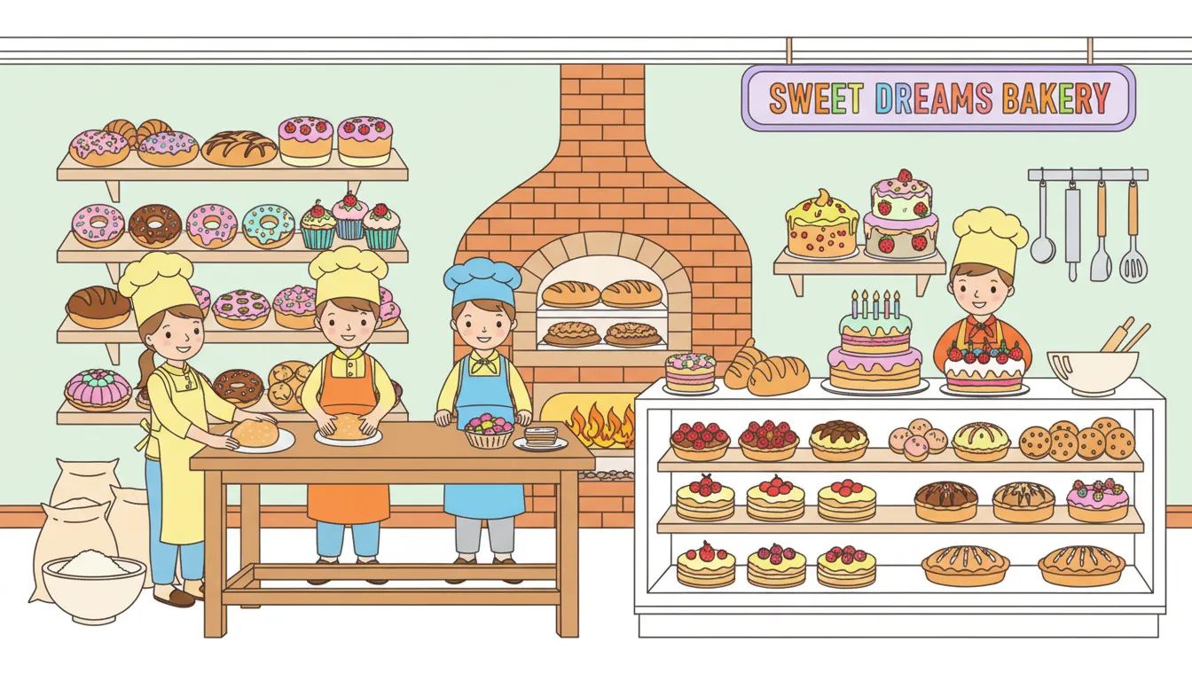 Busy bakery scene with bakers and baked goods coloring page to print
