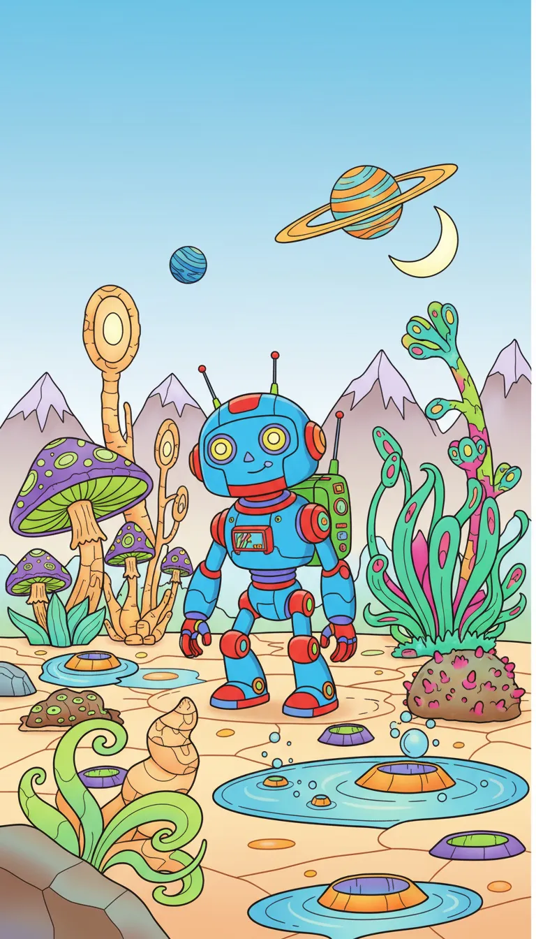 A futuristic robot exploring a distant planet with strange plants. coloring page to print