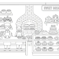 Busy bakery scene with bakers and baked goods