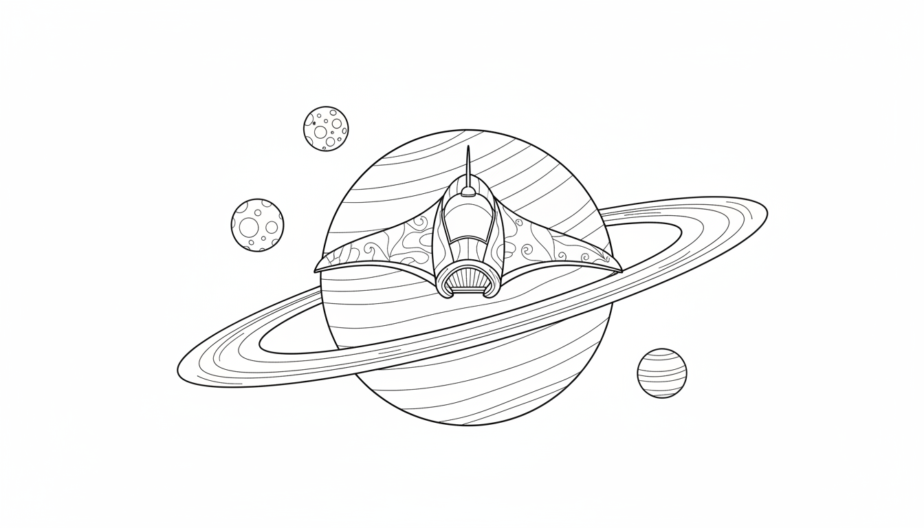 A sleek spaceship floating above a planet with rings and moons in the background. coloring page to print