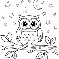 cute owl on a tree branch under stars