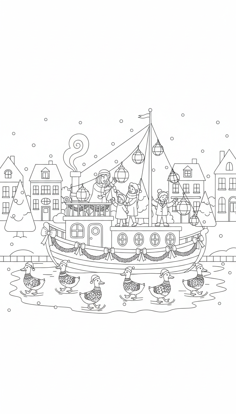 family decorating houseboat with festive ducks coloring page to print