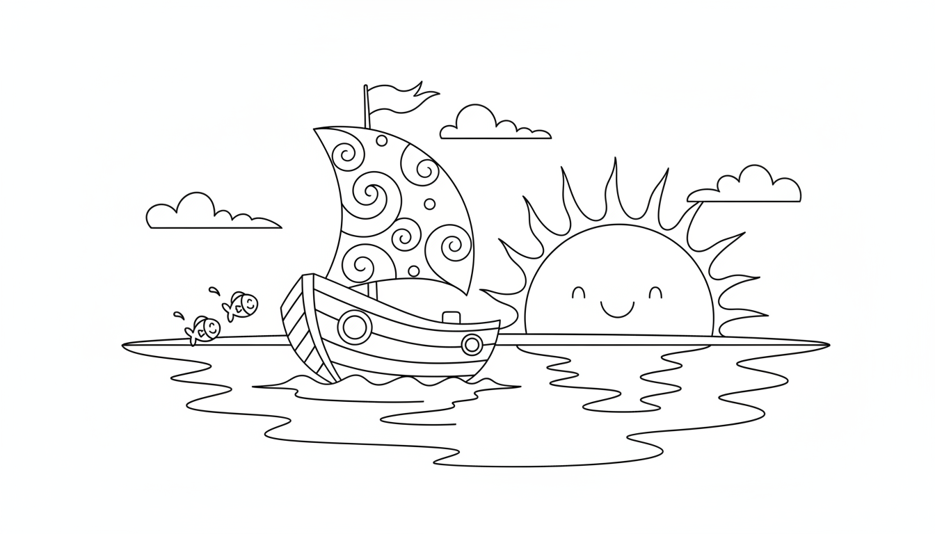 calm lake boat sailing sunset coloring page to print